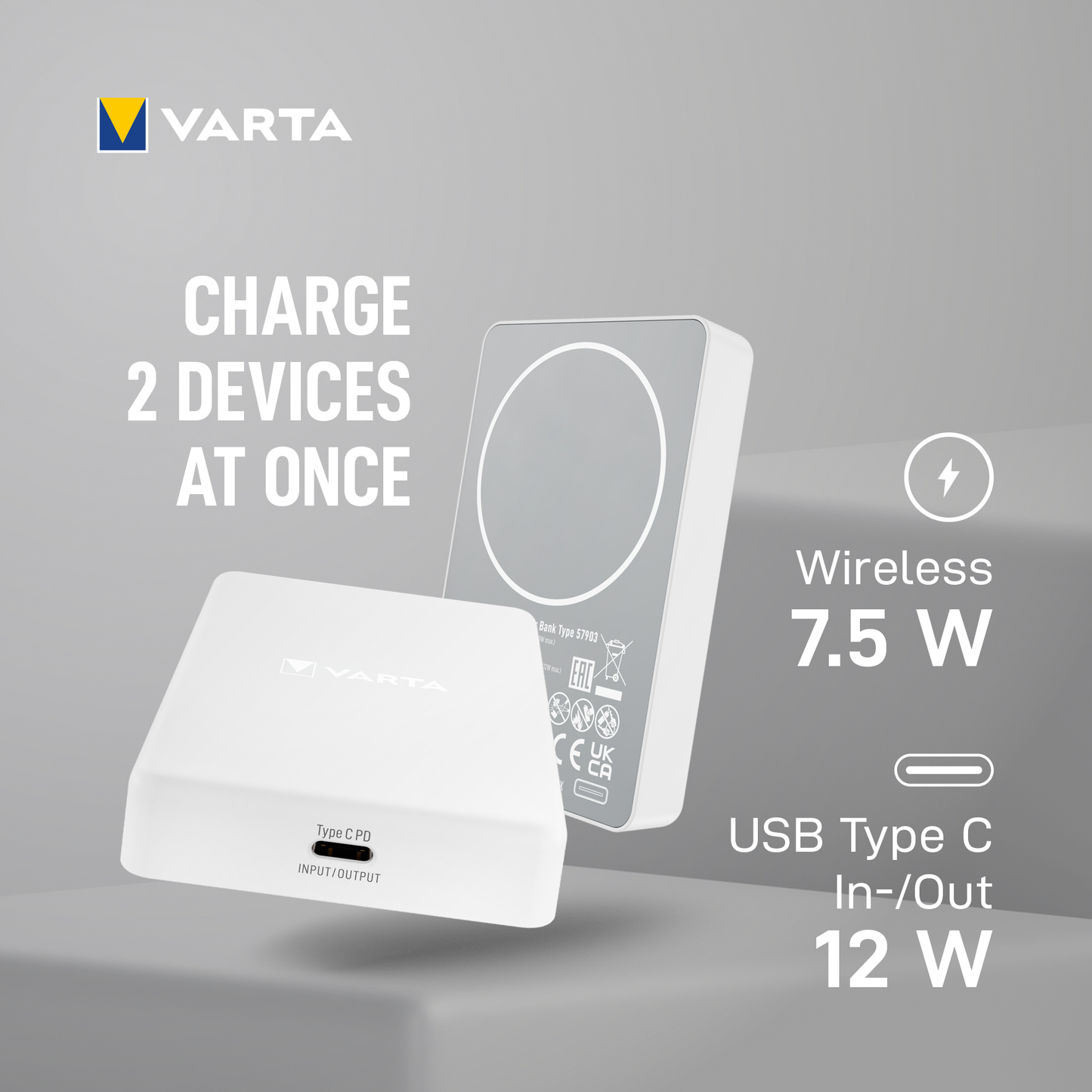 Batteria Esterna Wireless Varta Mag Pro, 5000mAh, 12W, 1 x QI - 1 x USB-C, Bianca
