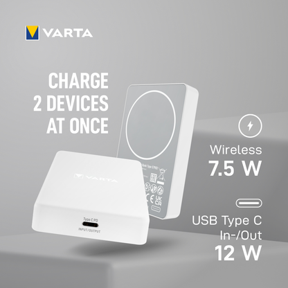 Batteria Esterna Wireless Varta Mag Pro, 5000mAh, 12W, 1 x QI - 1 x USB-C, Bianca