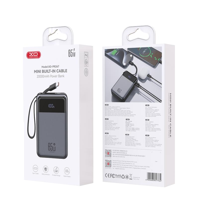 Batteria Esterna XO Design PR267, 20000mAh, 65W, QC + PD, 1 x USB-A - 2 x USB-C, Grigio