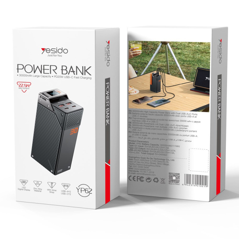 Batteria Esterna Yesido YP62, 30000mAh, 22.5W, QC + PD, 2 x USB-A - 2 x USB-C, Nera
