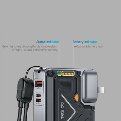 Yesido YP89 External Battery, 10000mAh, 22.5W, QC + PD + FQI, 1 x Lightning - 1 x QI - 1 x USB-A - 1 x USB-C, Gray