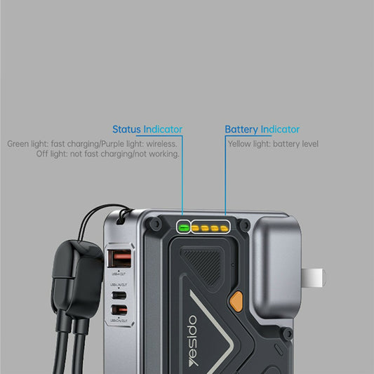 Batteria Esterna Yesido YP89, 10000mAh, 22.5W, QC + PD + FQI, 1 x Lightning - 1 x QI - 1 x USB-A - 1 x USB-C, Grigio