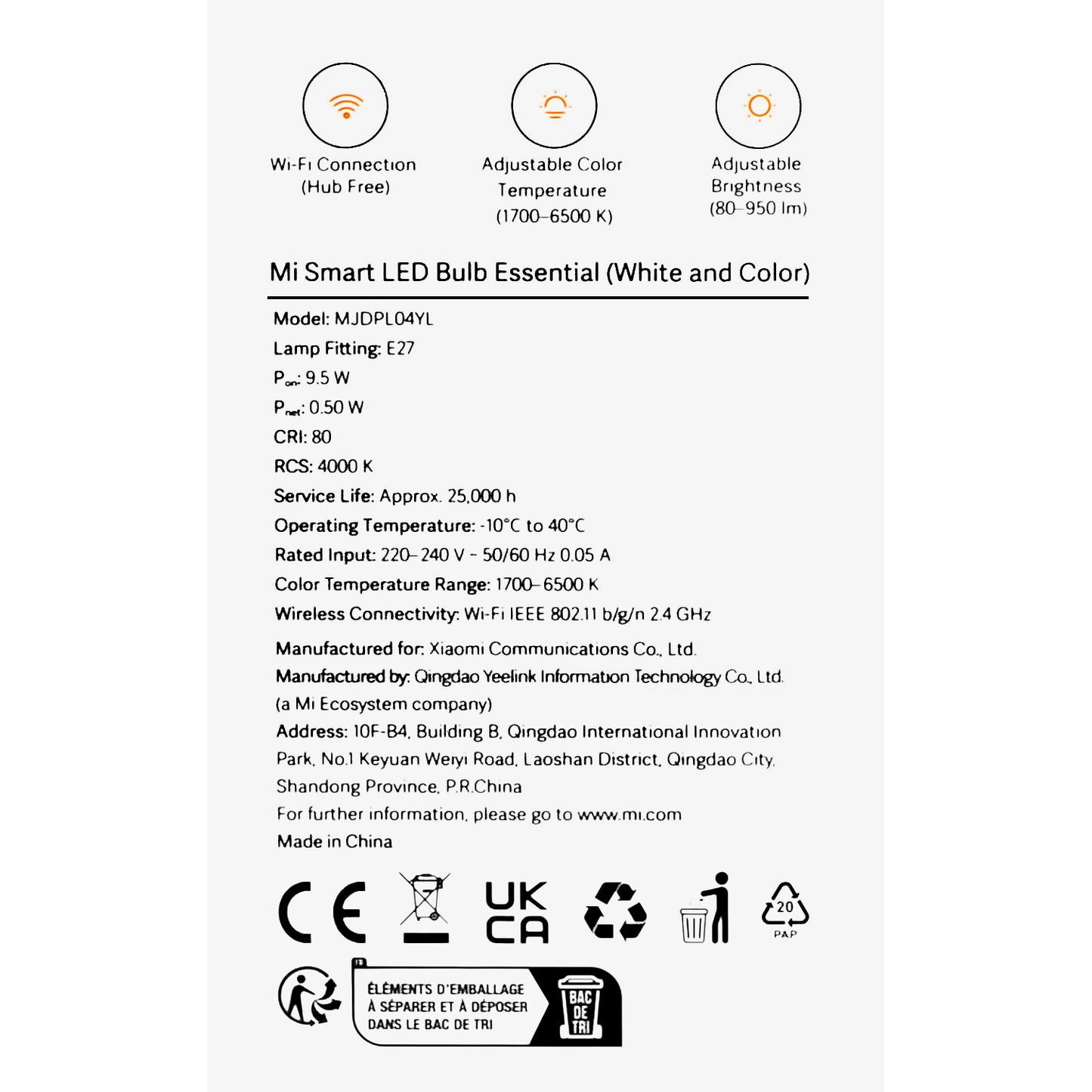 Lampadina LED Xiaomi Essential, Wi-Fi, E27, 9W, 1700K - 6500K, 950lm BHR5743EU BHR5743EU 