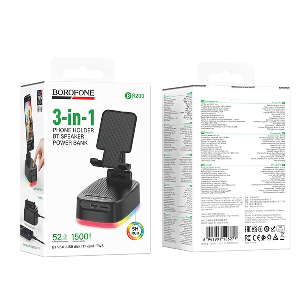 Cassa Bluetooth Borofone BR200 Marea 2in1, 5W, TWS, RGB, Nera