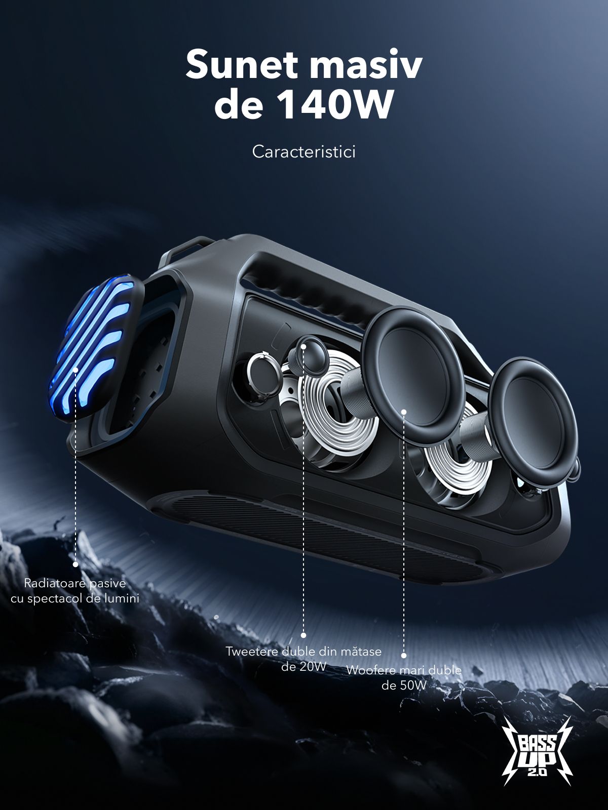 Cassa Portatile Bluetooth Anker SoundCore Boom 2 Plus Nuova Versione, 140W, TWS, RGB, Impermeabile, Nera A3134012