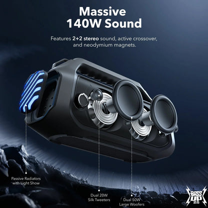 Cassa Portatile Bluetooth Anker SoundCore Boom 2 Plus, 140W, TWS, RGB, Impermeabile, Nera A3134011