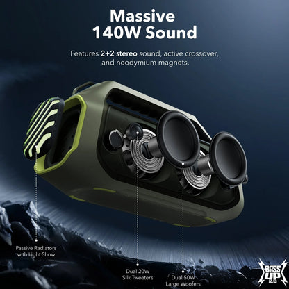 Cassa Portatile Bluetooth Anker SoundCore Boom 2 Plus, 140W, TWS, RGB, Impermeabile, Verde A3134061