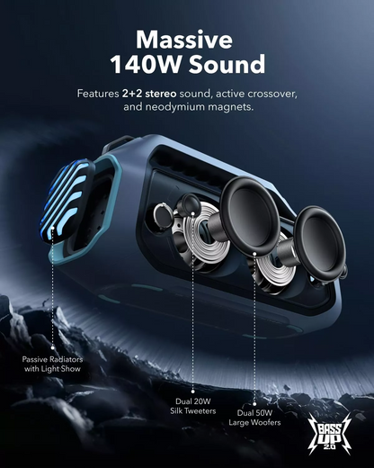 Cassa Portatile Bluetooth Anker SoundCore Boom 2 Plus Nuova Versione, 140W, TWS, RGB, Impermeabile, Blu A3134032