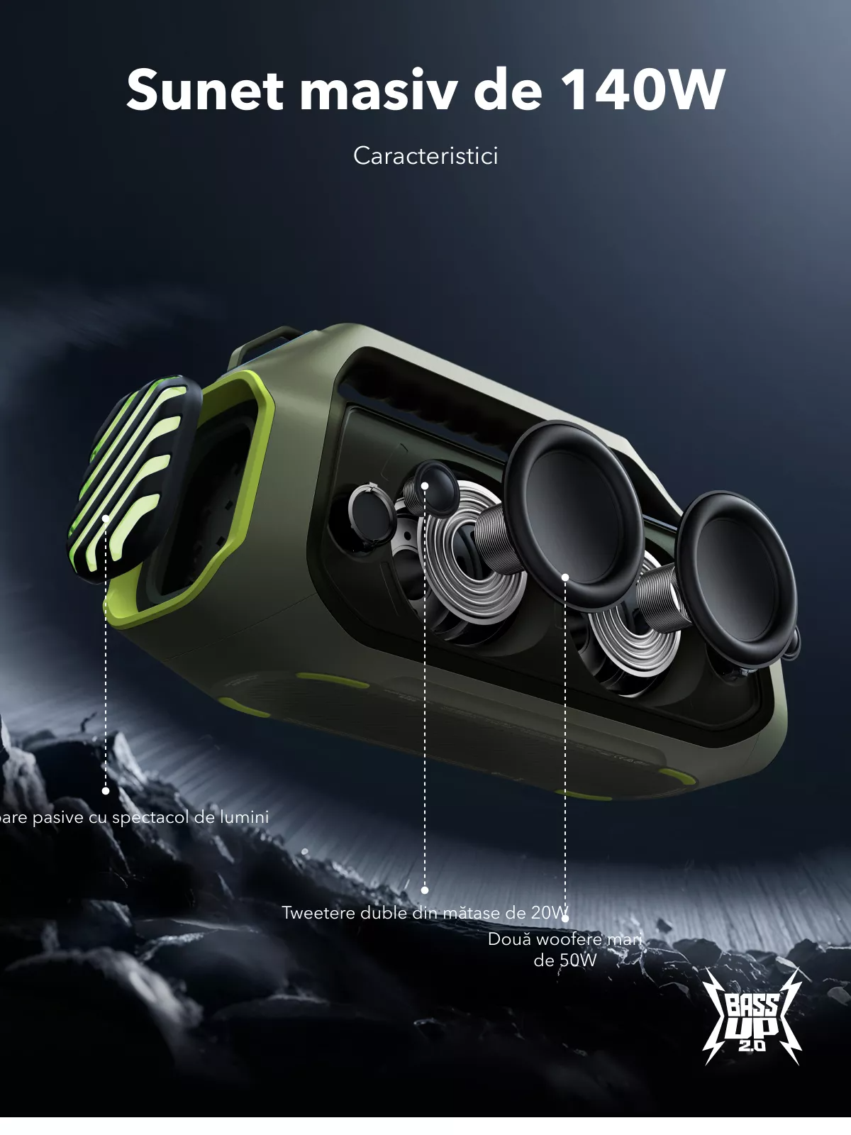 Cassa Portatile Bluetooth Anker SoundCore Boom 2 Plus Nuova Versione, 140W, TWS, RGB, Impermeabile, Verde A3134062
