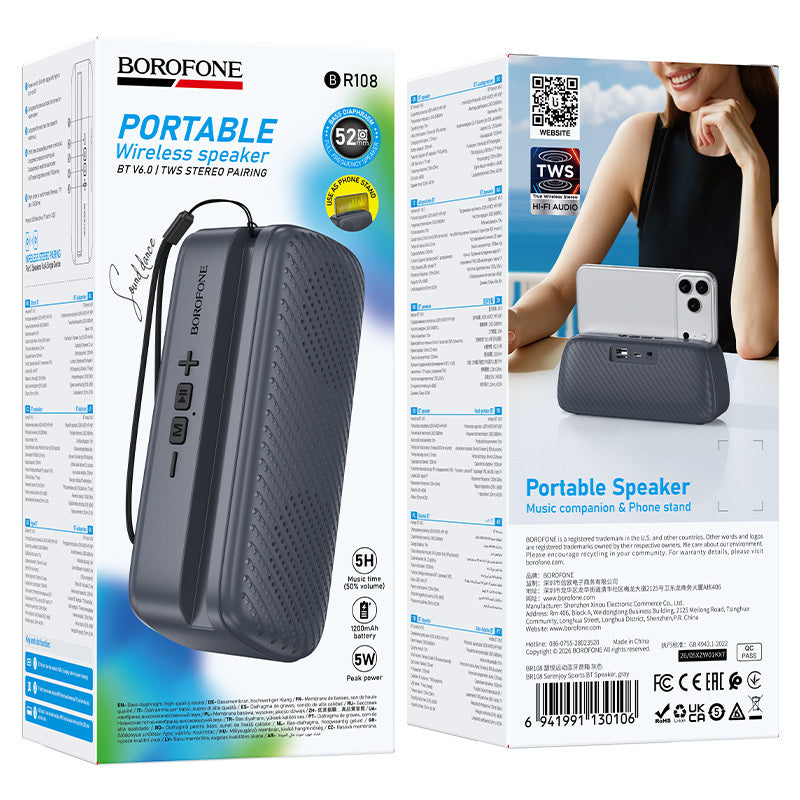 Altoparlante portatile Bluetooth Borofone BR108 Serenjoy, 5 W, TWS, grigio
