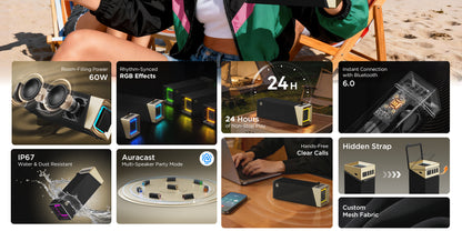Cassa Portatile Bluetooth Bugani Brief TT, 60W, RGB, Impermeabile, Nero Oro