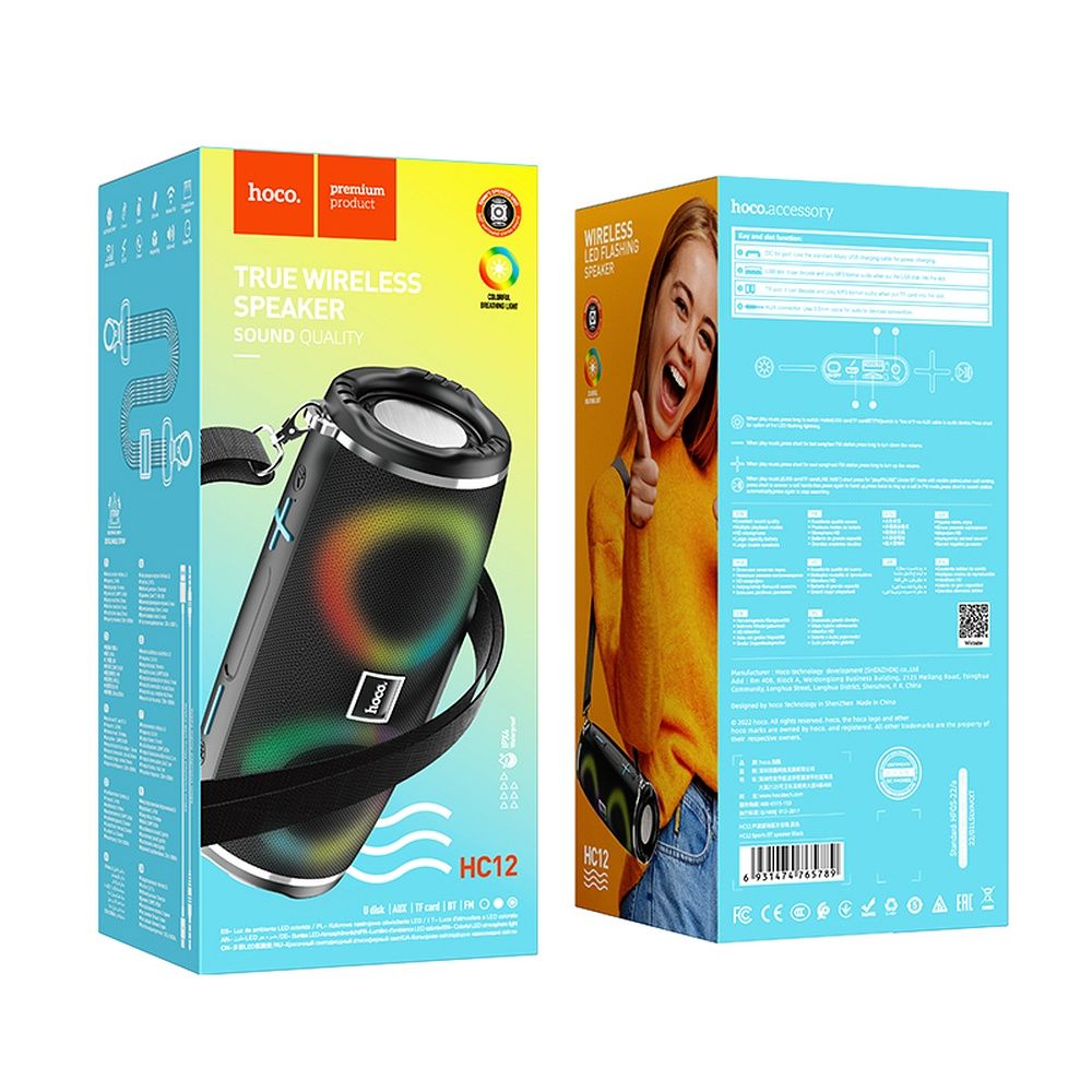 Cassa Portatile Bluetooth HOCO HC12, 10W, RGB, Impermeabile, Nera