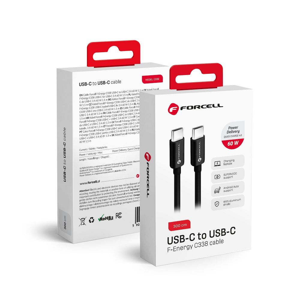 Cavo dati e ricarica USB-C - USB-C Forcell F-Energy C338, 60W, 3m, nero 