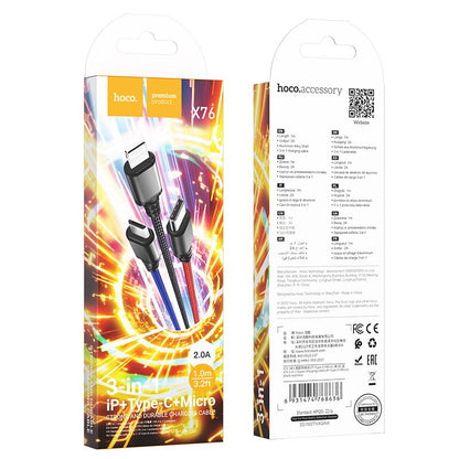 Cavo di Ricarica USB-A - Lightning / microUSB / USB-C HOCO X76 3in1, 18W, 1m, Multicolore