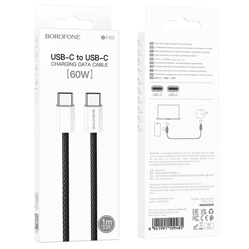 Cavo Dati e Ricarica USB-C - USB-C Borofone BX103 Originale, 60W, 1m, Nero
