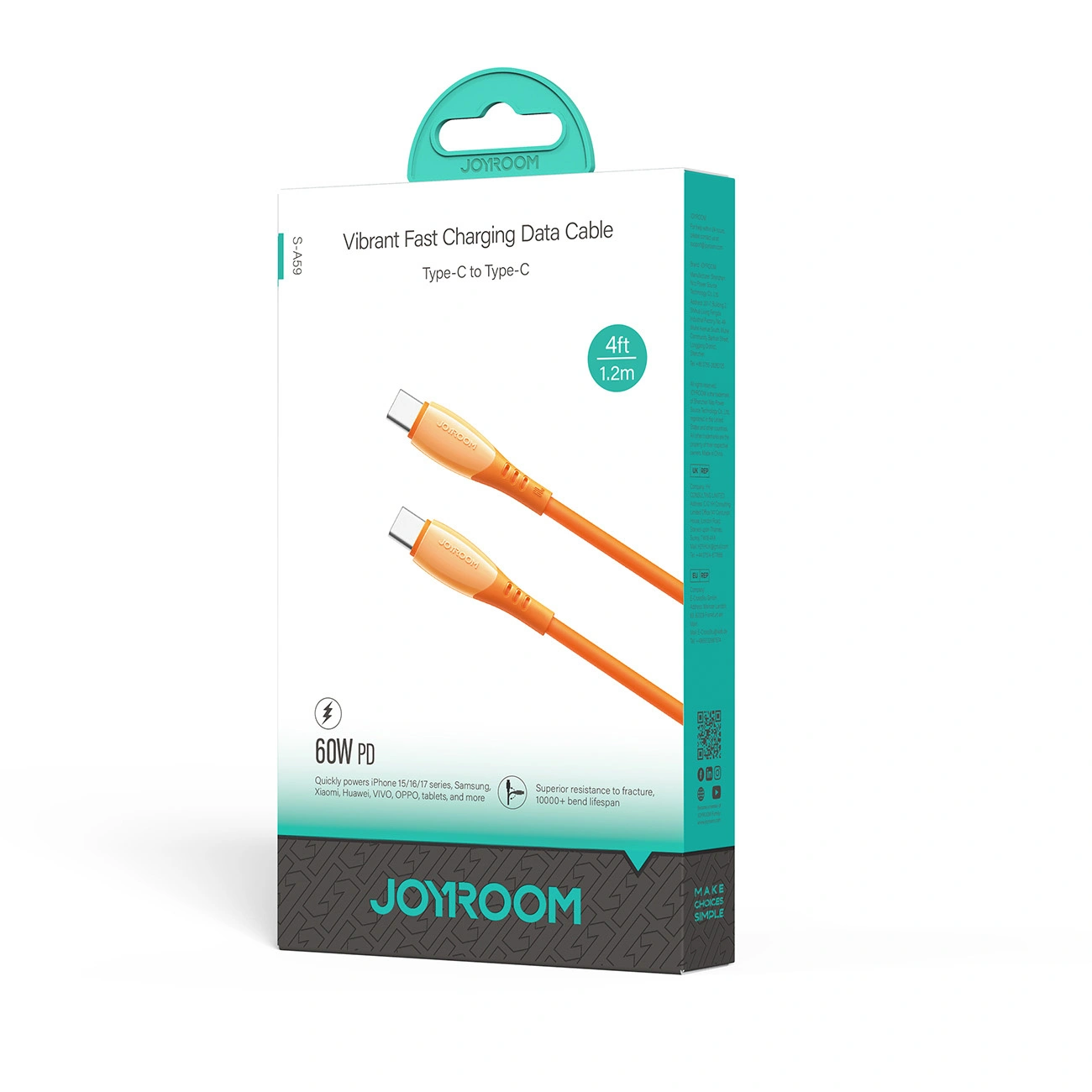 Cavo Dati e Ricarica USB-C - USB-C Joyroom S-A59 Vibrant, 60W, 1.2m, Arancione