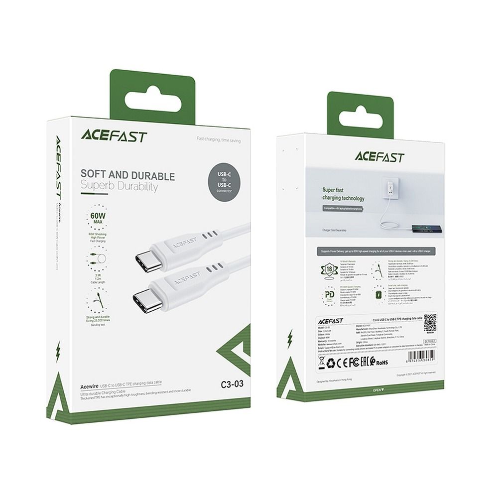 Cavo Dati e Ricarica USB-C - USB-C Acefast C3-03, 60W, 1.2m, Bianco