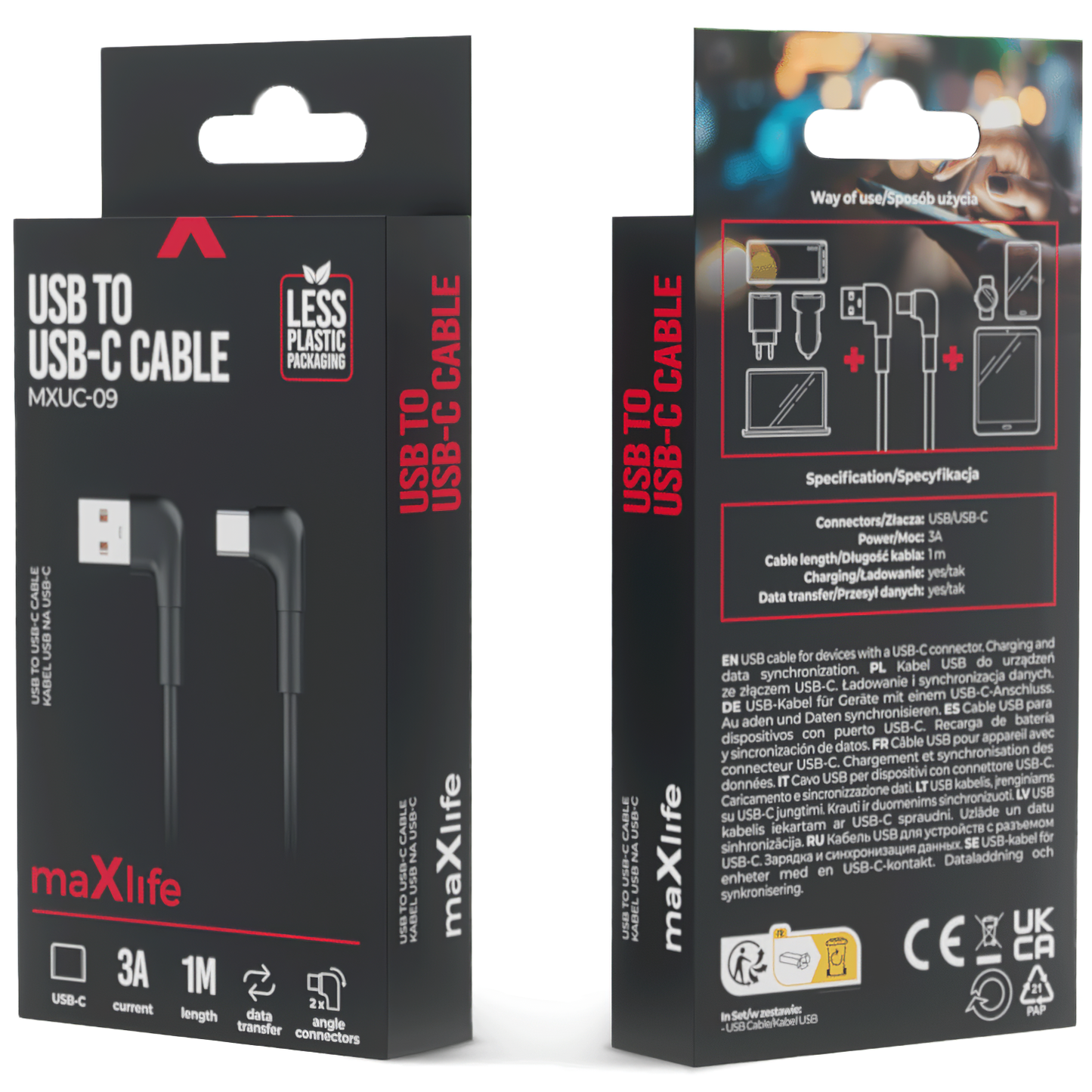 Da USB-A a USB-C MaXlife MXUC-09 angolato, 60W, 1m, nero 