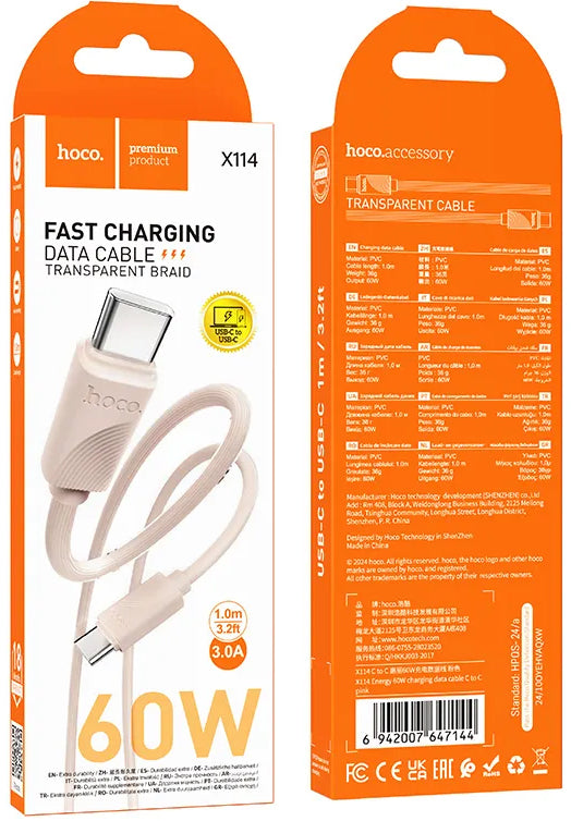 Cavo Dati e Ricarica USB-C - USB-C HOCO X114, 60W, 1m, Rosa