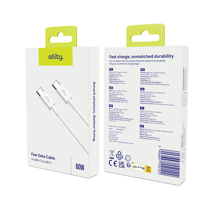 Cavo Dati e Ricarica USB-C - USB-C Allity. AUC-03, 100W, 2m, Bianco