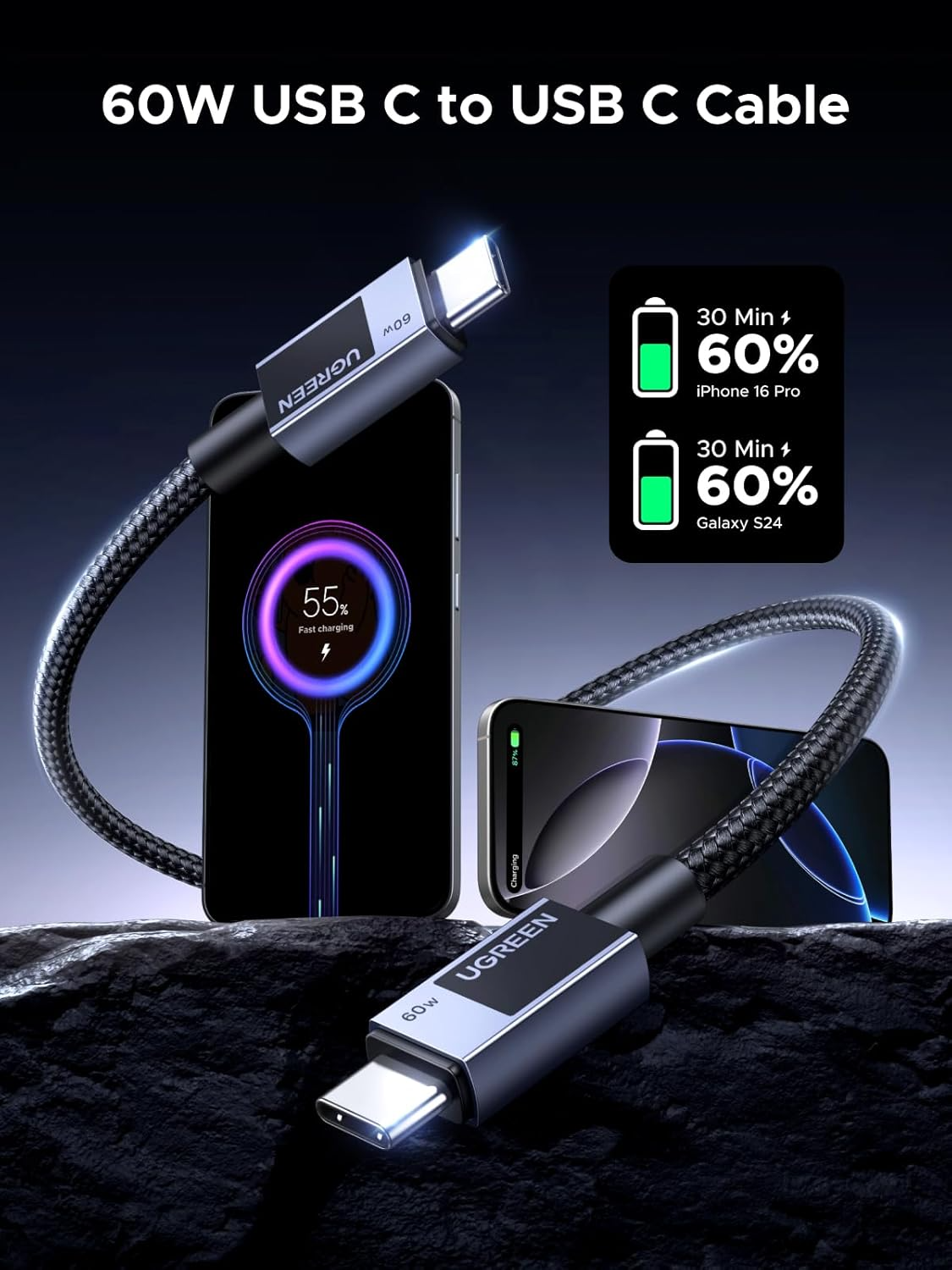 Cavo Dati e Ricarica USB-C - USB-C UGREEN L524, 60W, 2m, Grigio