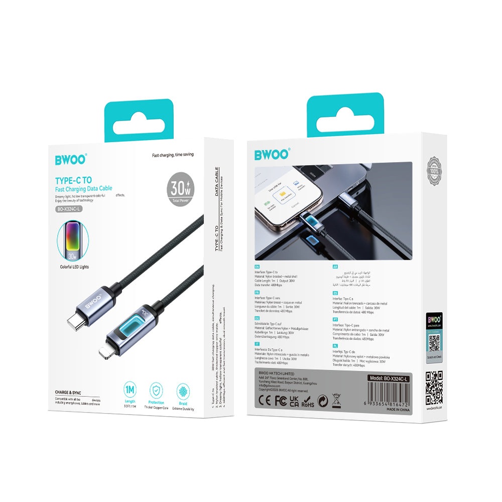 Cavo Dati e Ricarica USB-C - Lightning BWOO X324CL Display, 30W, 1m, Nero