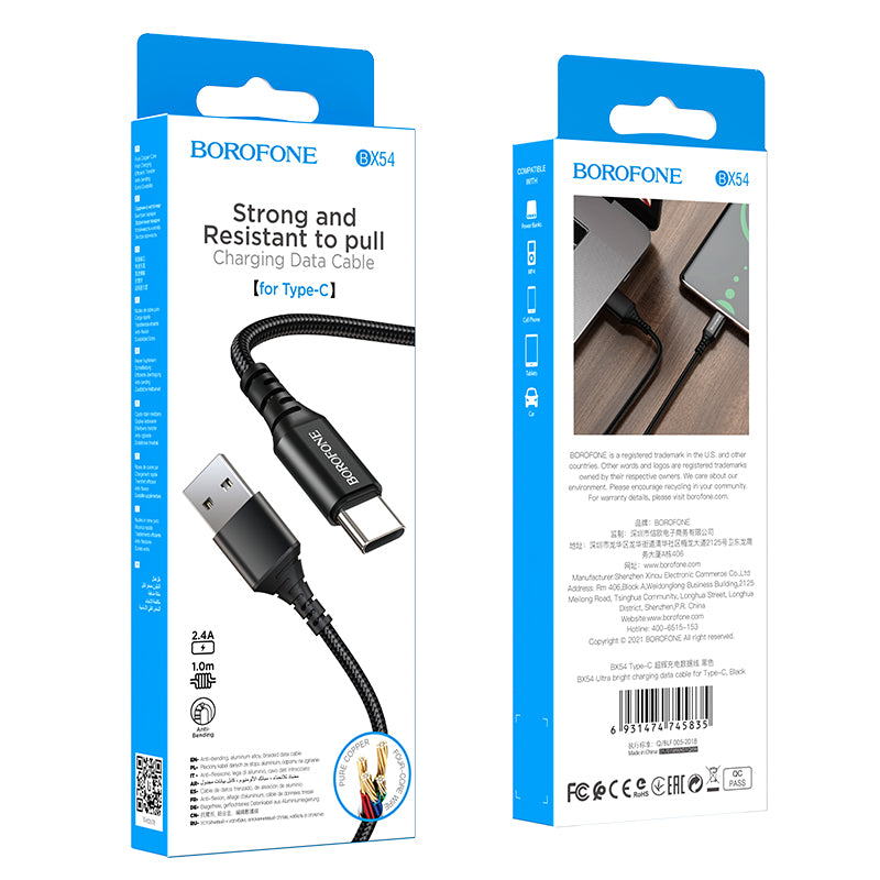 Cavo dati e ricarica da USB-A a USB-C Borofone BX54 ultra luminoso, 18W, 1m, nero