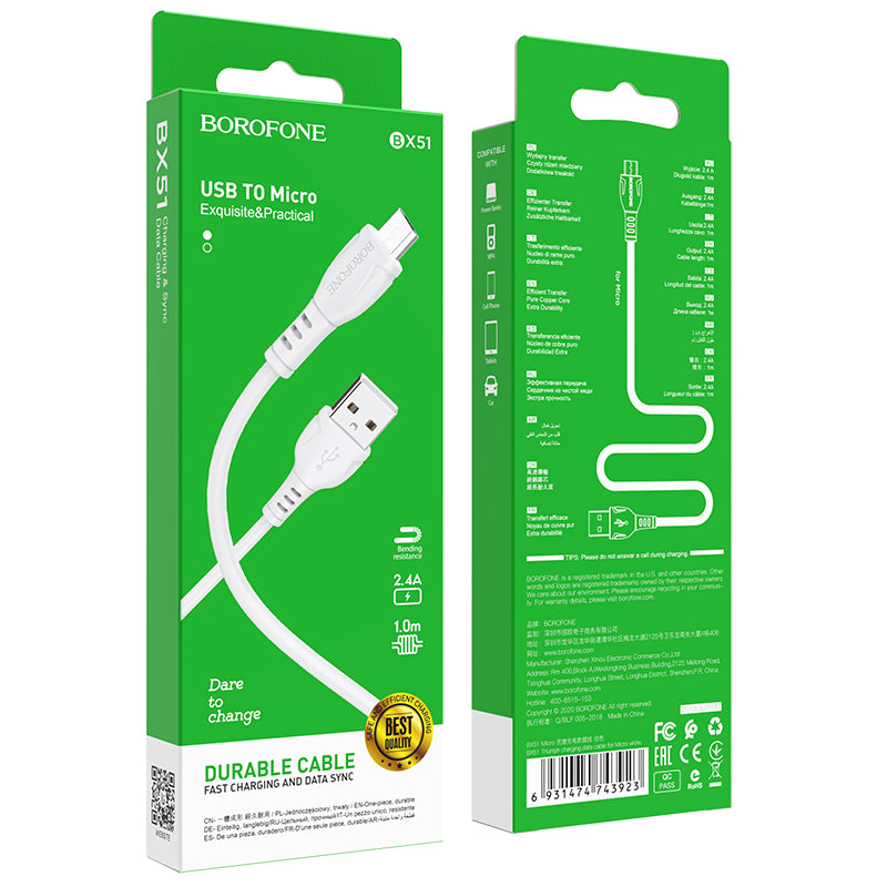 Cavo dati e ricarica USB-A - microUSB Borofone BX51 Triumph MP, 18W, 1m, bianco