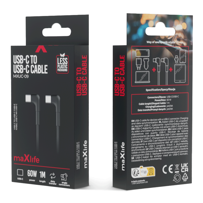 Cavo dati e ricarica USB-C - USB-C MaXlife MXUC-09 MXUC-09 angolato, 60W, 1m, nero 