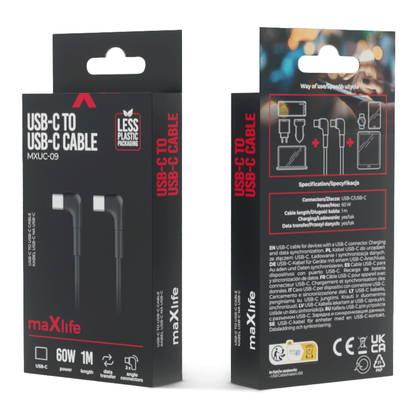 Cavo dati e ricarica USB-C - USB-C MaXlife MXUC-09 MXUC-09 angolato, 60W, 1m, nero 