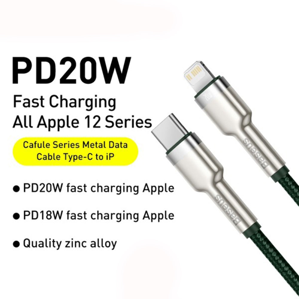 Cavo Dati e Ricarica USB-C - Lightning Baseus Cafule Metal Series, 20W, 2m, Verde CATLJK-B06