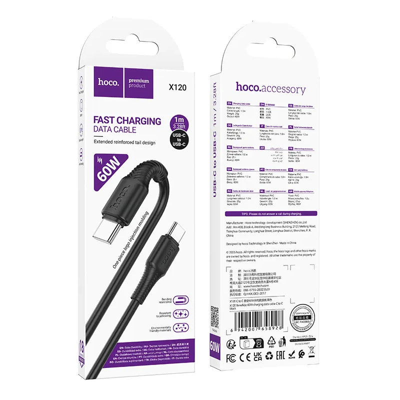 Cavo Dati e Ricarica USB-C - USB-C HOCO X120, 60W, 1m, Nero
