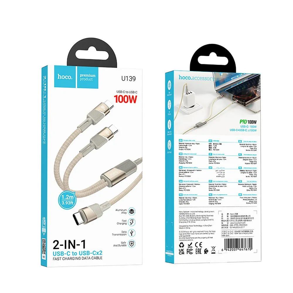 Cavo Dati e Ricarica USB-C - 2 x USB-C HOCO U139 2in1, 100W, 1.2m, Dorato