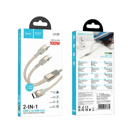 Cavo Dati e Ricarica USB-C - 2 x USB-C HOCO U139 2in1, 100W, 1.2m, Dorato