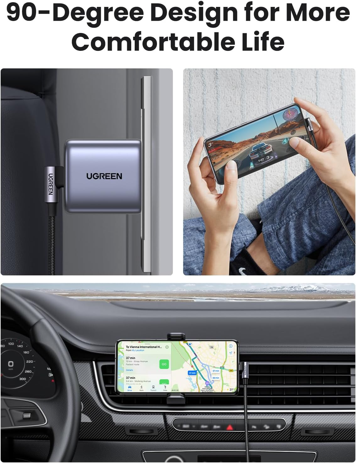 Cavo Dati e Ricarica USB-C - USB-C UGREEN US255 Angled, 60W, 3m, Grigio