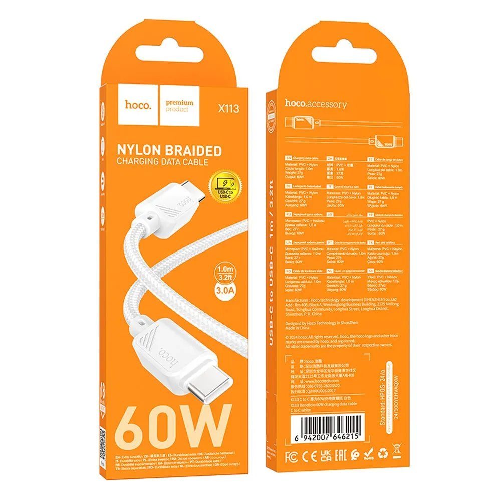 Cavo Dati e Ricarica USB-C - USB-C HOCO X113, 60W, 1m, Bianco