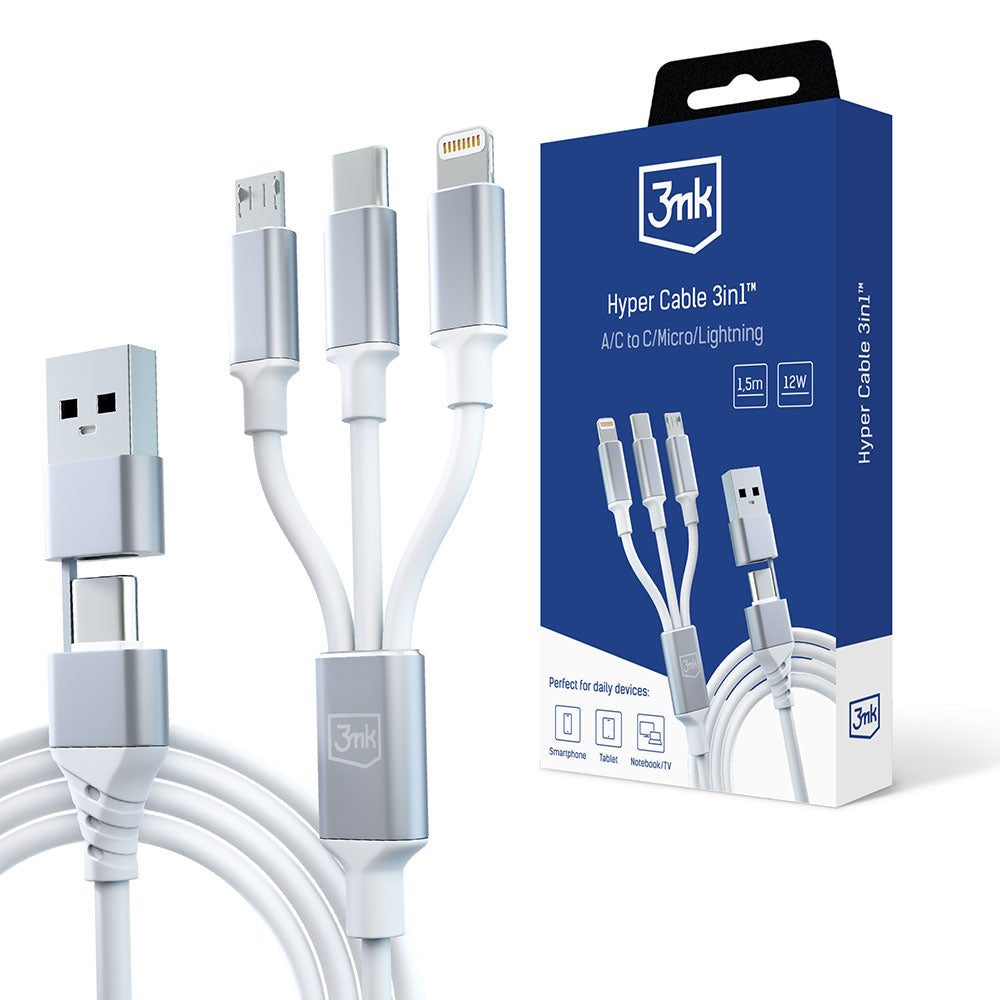 Cavo di ricarica USB-A / USB-C - Lightning / microUSB / USB-C 3MK Hyper 3in1, 12W, 1,5 m, bianco 