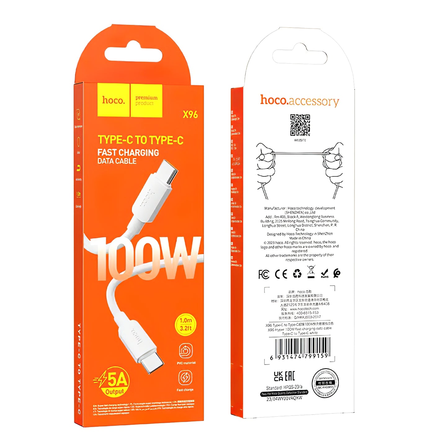 Cavo Dati e Ricarica USB-C - USB-C HOCO X96, 100W, 1m, Bianco