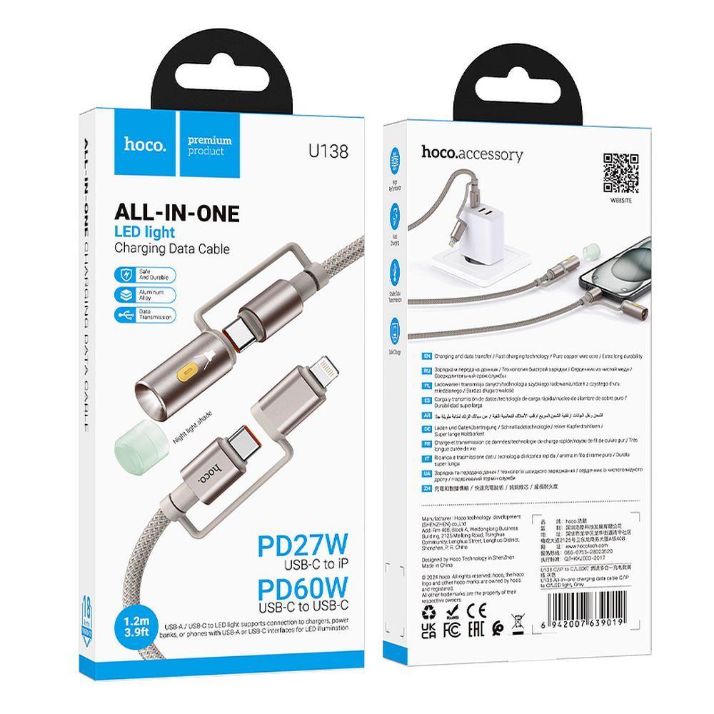 Cavo Dati e Ricarica USB-C / Lightning - USB-C / Led HOCO U138, 60W, 1.2m, Grigio