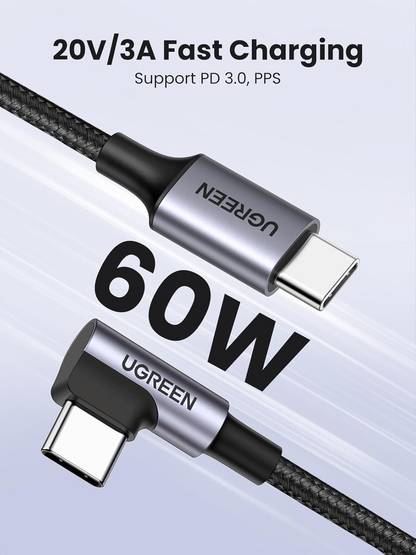Cavo Dati e Ricarica USB-C - USB-C UGREEN US255 Angled, 60W, 3m, Grigio