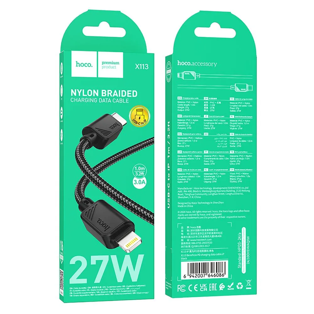 Cavo Dati e Ricarica USB-C - Lightning HOCO X113, 27W, 1m, Nero