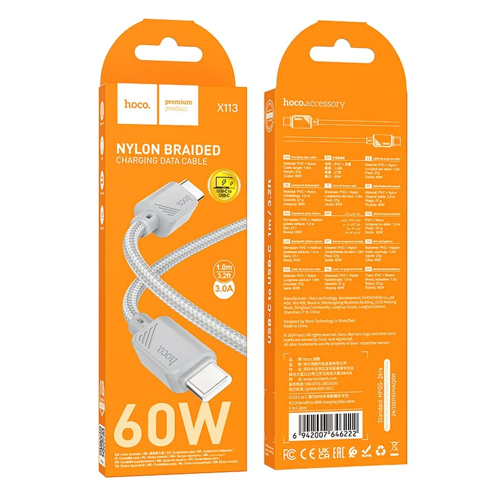 Cavo Dati e Ricarica USB-C - USB-C HOCO X113, 60W, 1m, Grigio