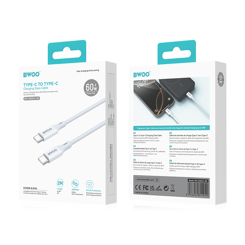 Cavo Dati e Ricarica USB-C - USB-C BWOO BO-X283CC-2M, 60W, 2m, Bianco
