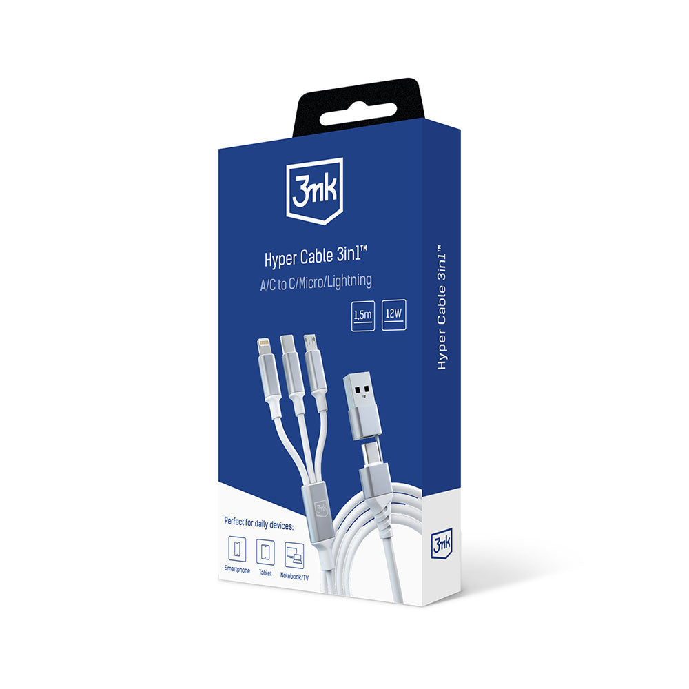 Cavo di ricarica USB-A / USB-C - Lightning / microUSB / USB-C 3MK Hyper 3in1, 12W, 1,5 m, bianco 