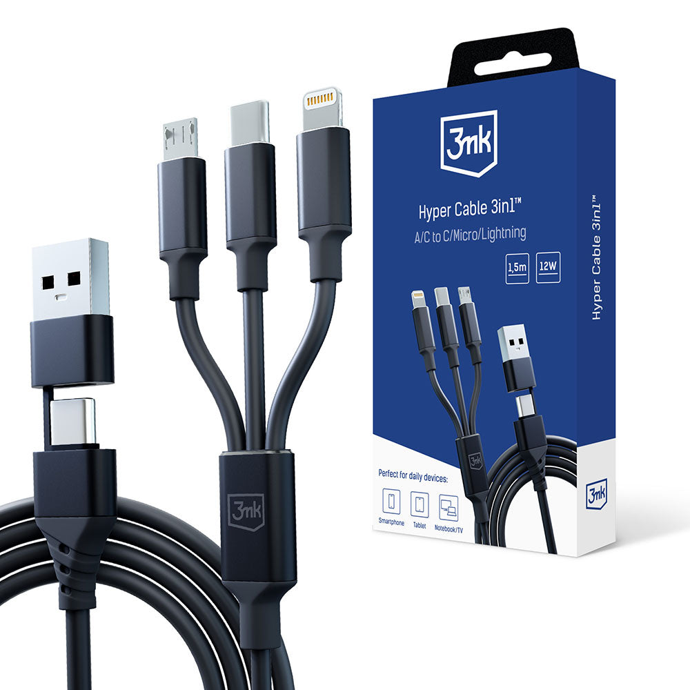 Cavo di ricarica USB-A / USB-C - Lightning / microUSB / USB-C 3MK Hyper 3in1, 12W, 1,5 m, nero 