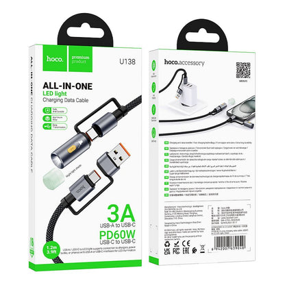 Cavo Dati e Ricarica USB-C / USB-A - USB-C / Led HOCO U138, 60W, 1.2m, Nero