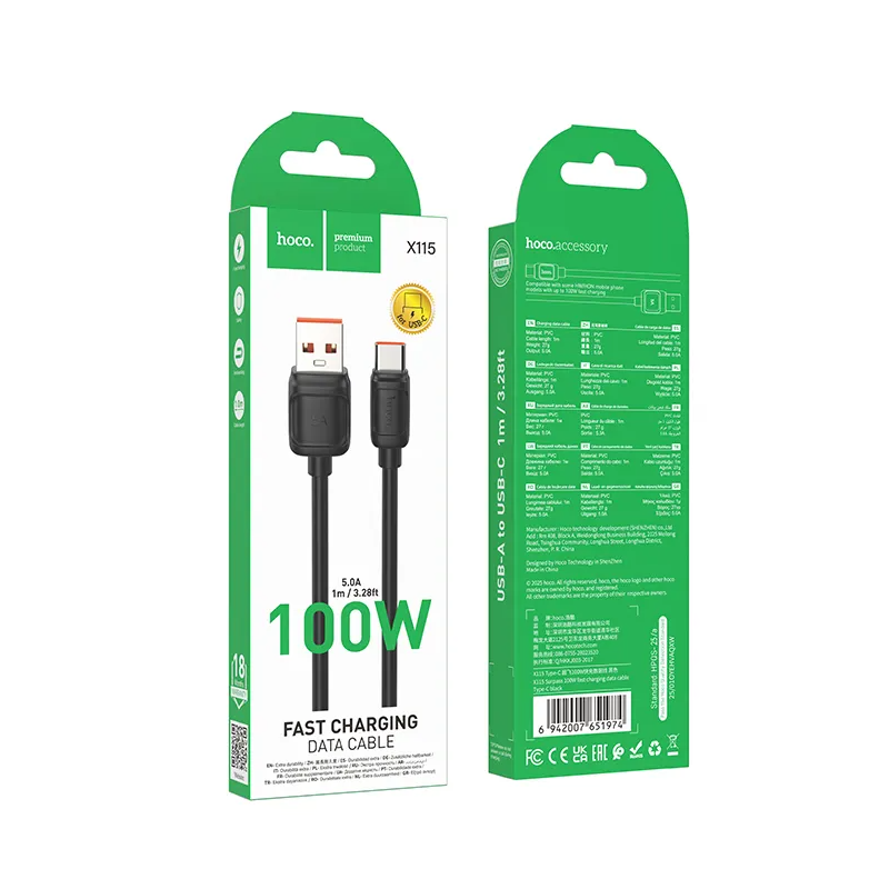 Cavo Dati e Ricarica USB-A - USB-C HOCO X115, 100W, 1m, Nero