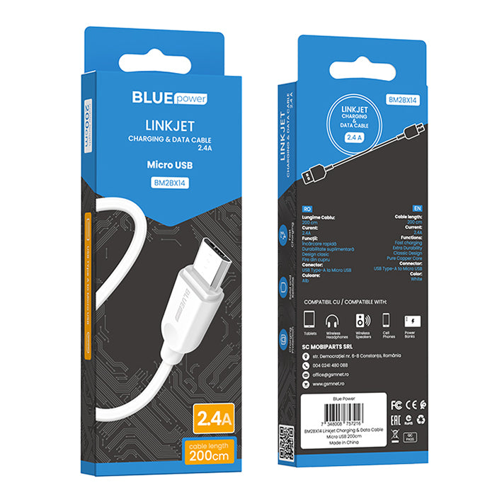 Cavo dati e ricarica da USB-A a microUSB BLUE Power BM2BX14 LinkJet, 18W, 2m, bianco