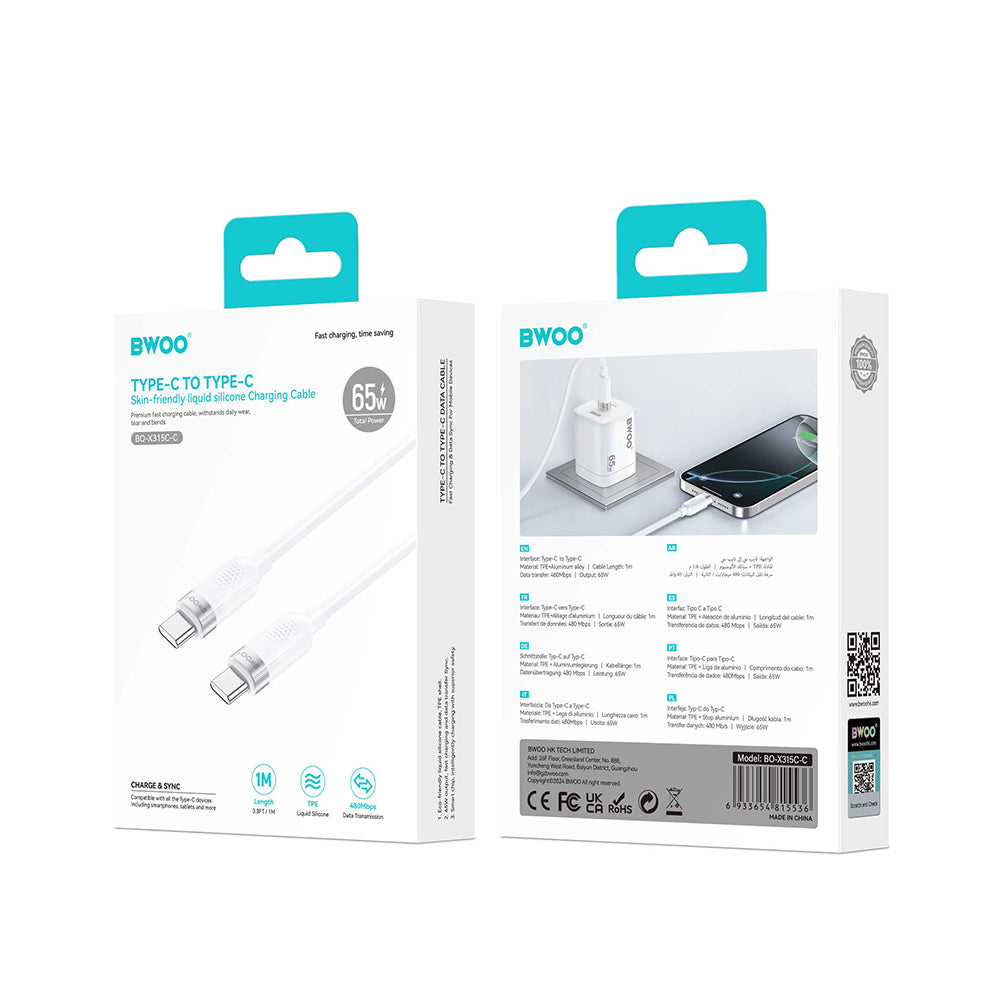 Cavo Dati e Ricarica USB-C - USB-C BWOO BO-X315C, 100W, 1m, Bianco