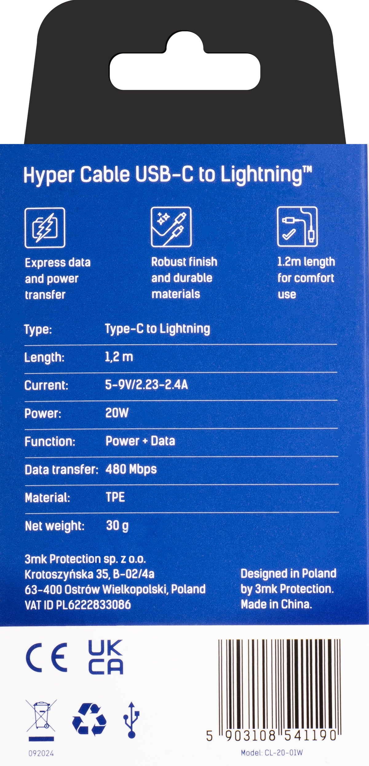 Cavo Dati e Ricarica USB-C - Lightning 3MK Hyper, 20W, 1,2m, Bianco